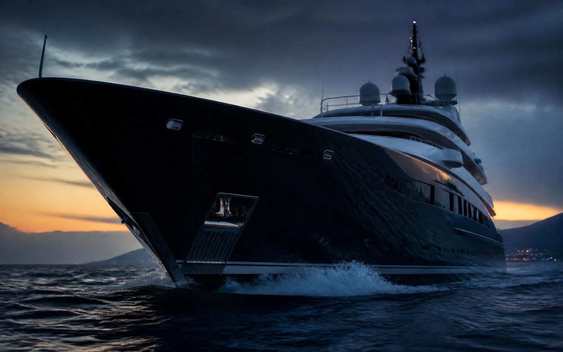 Superyacht cutting through open water at dusk