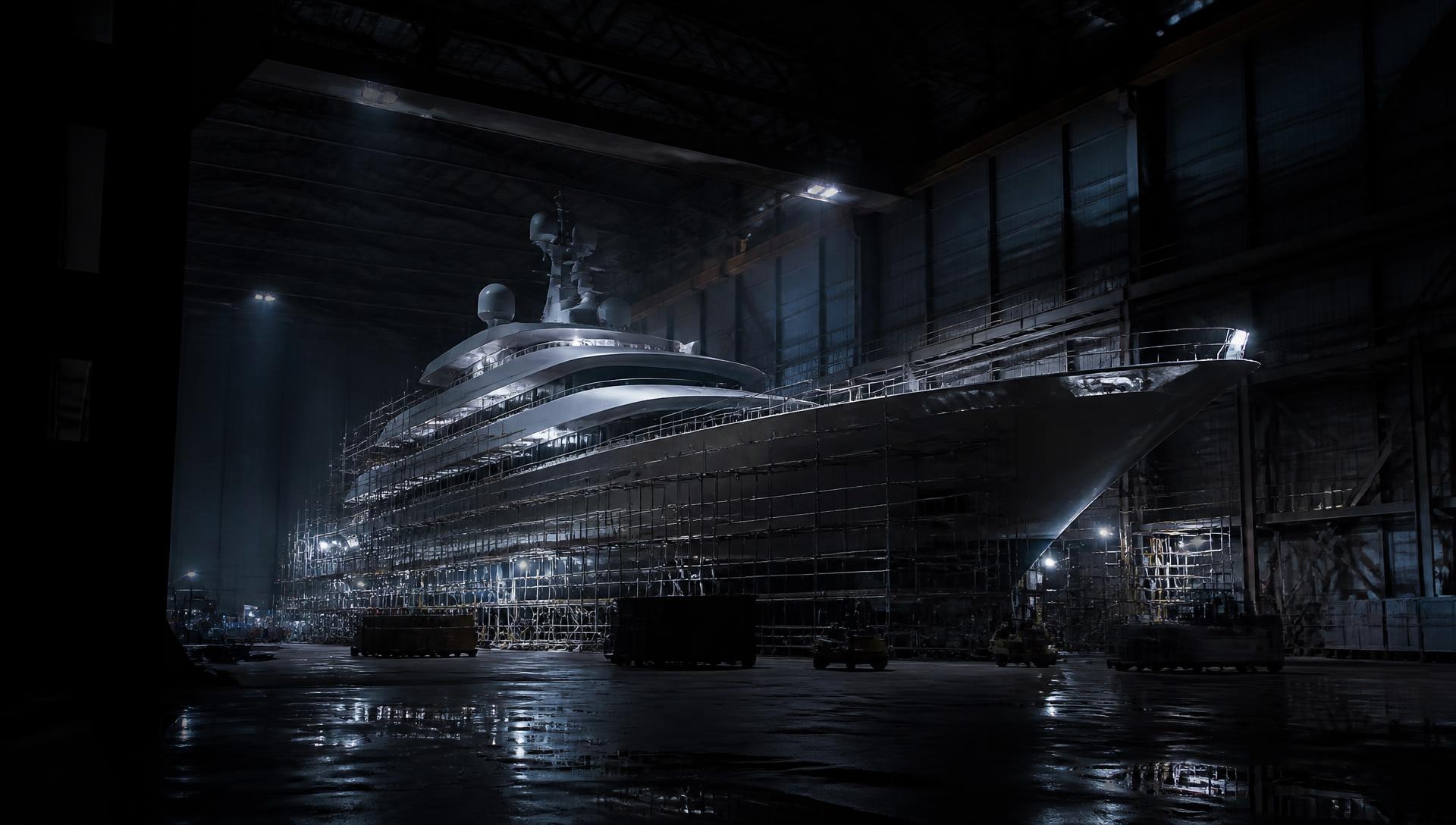 Yacht in refit under shed lighting