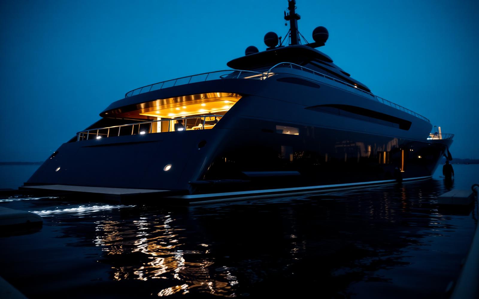 Superyacht hull at blue hour, mirror gloss reflecting dock lights