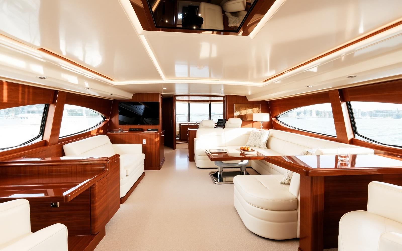 Immaculate yacht saloon interior in cream and walnut