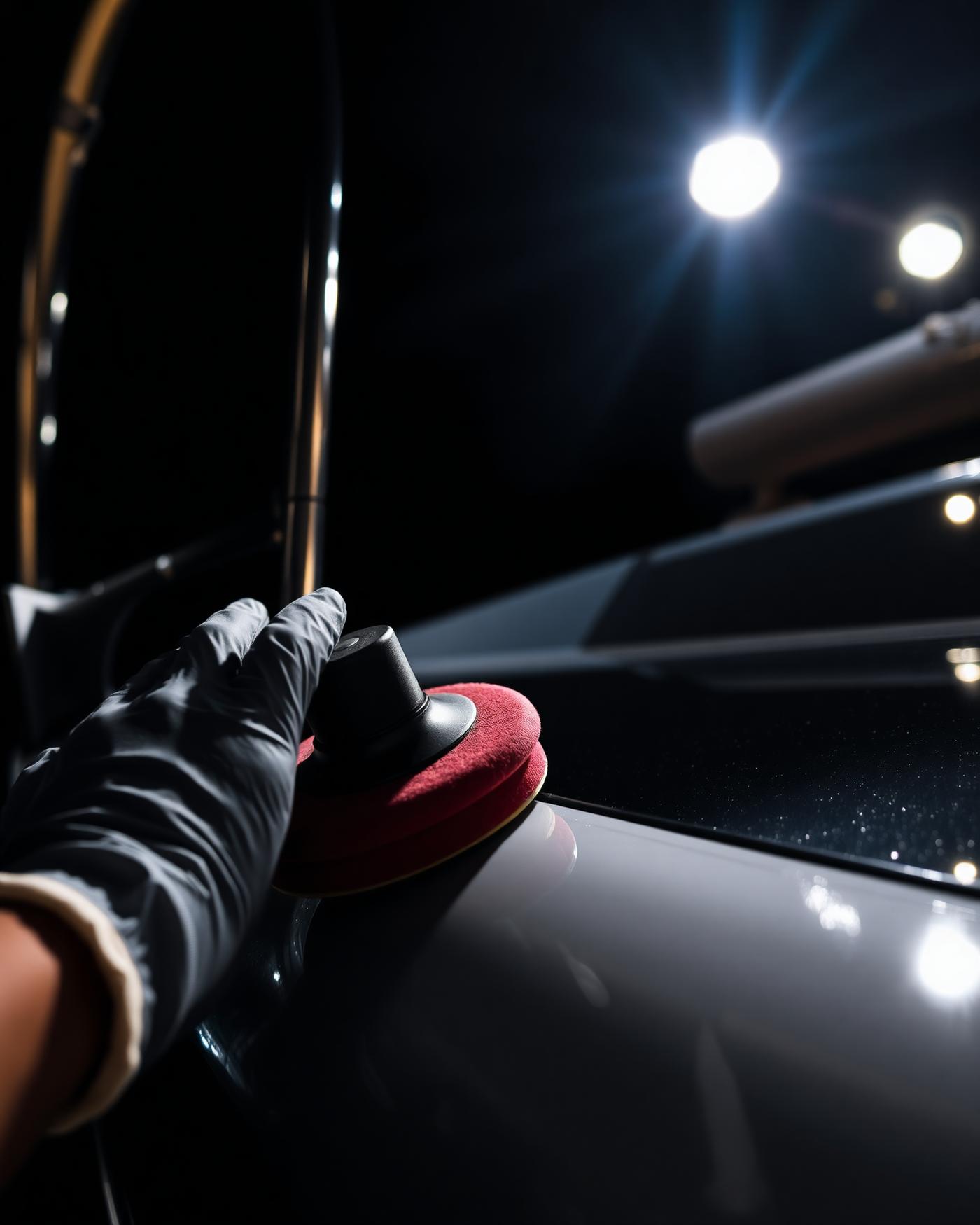 Gloved hand machine-polishing a dark yacht topside at night