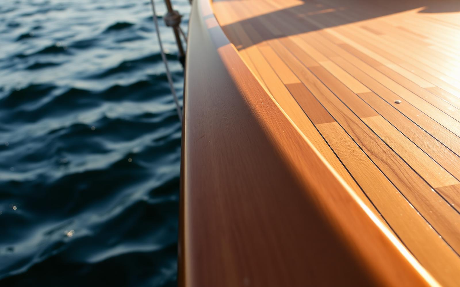 Restored golden teak deck with crisp caulking lines